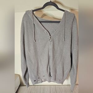 Gray Knit Distressed Zipper Hoodie